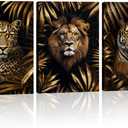 Leopard Tiger Lion Canvas Wall Art 3 Piece Gold palm Leaf Picture Black Poster African Theme Jungle Animal Painting Prints for Living Room Bedroom Home Office Decor Framed - 11.00"x14.00"x3P