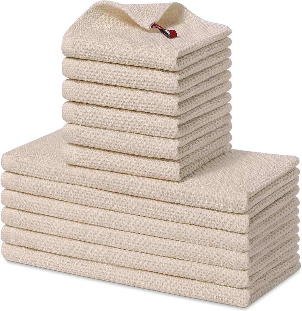 Homaxy 100% Cotton Kitchen Towels and Dishcloths Set, 12 x 12 Inches and 13 x 28 Inches, Set of 12 Bulk Kitchen Towels Set, Ultra Soft Absorbent Dish Cloths for Washing Dishes, Beige
