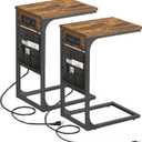 TUTOTAK C Shaped End Table with Charging Station, Side Table for Sofa, Couch with Storage Bag, Set of 2, TV Tray with 2 USB Ports and Outlets for Living Room, Bedroom, Brown TB01BB0242