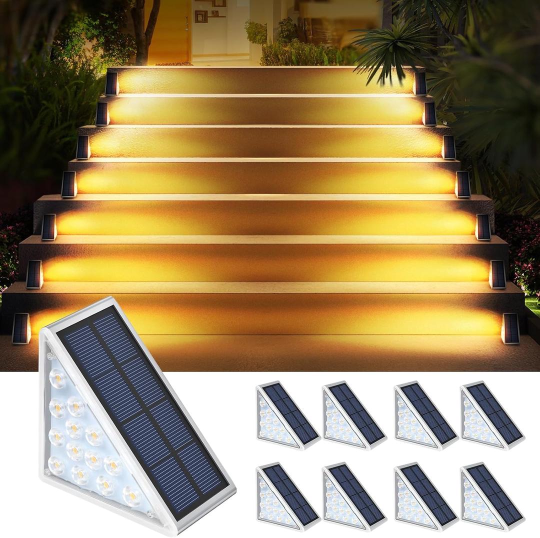 8PK Solar Step Lights, Outdoor Decor Stair Lights Deck Light Waterproof IP67 Solar Lights for Deck, Yard, Patio, Garden, Walkways, Front Door, Pathway, Driveway, Porch (Warm White)