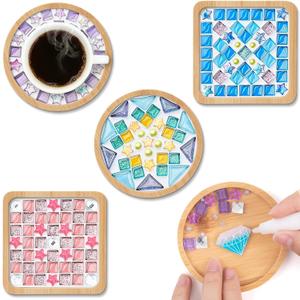 CUTEPLAN 4-Pack DIY Glass Mosaic Tile Art Craft Kits with Wooden Coasters Ideal for Adults Women Kids & Teens Gift for Grandparents Day Christmas