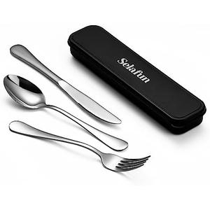 Selafun 4-Piece Travel Set with Case - Portable Silverware Utensils - Stainless Steel Reusable Flatware - Cutlery Set for Camping, Picnic, Hiking, Office - Dishwasher Safe