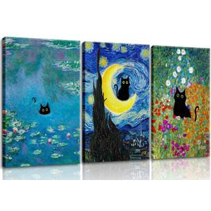 3 pcs Funny Black Cat Wall Art in pink Water Lilies Cat Posters Vintage Starry Sky Famous Oil Paintings Aesthetic Animal Floral Canvas Prints for Bedroom Living Room Bathroom Wall Decor 16x24in Canvas