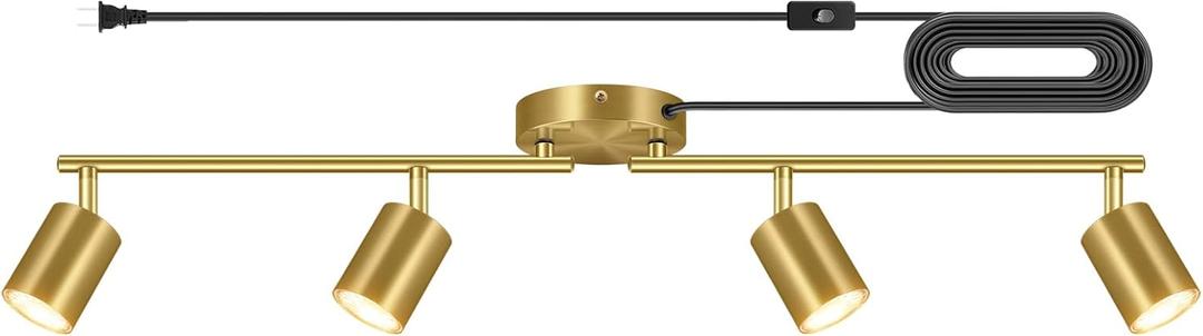 Plug in Track Lighting LED, Track Lighting Fixtures Ceiling Gold, 4-Light Kitchen Light Kit, Plug in Wall Light with 14.8ft Power Cord, Rotatable Ceiling Spotlight for Bedroom(GU10 Socket, NO Bulb)