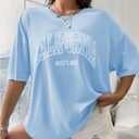 SOLY HUX Women's Graphic Tees Letter Print Half Sleeve Drop Shoulder Oversized T Shirt Loose Casual Tops (Blue, L)