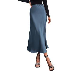 BTFBM 2026 Summer Womens Skirts Silk Elegant High Waist Flowy Long Satin A-Line Midi Skirt Cocktail Wedding Party (Grey Blue, L)