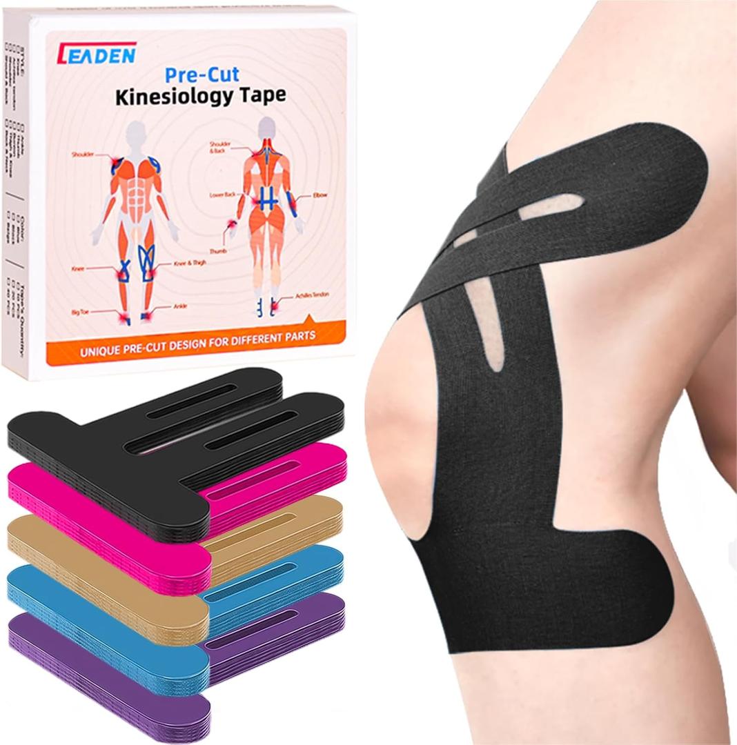 IEADEN Precut Kinesiology Tape for Knees, 10 Pcs - Knee Support & Stability, Knee Pain Relief Athletic Tape - Waterproof & Elastic, Breathable Hypoallergenic Latex-Free Tape, Black
