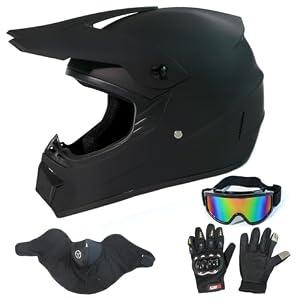 LASFRE Dirt Bike Helmets Adults Black DOT ATV Motocross Motorcycle Off-Road Street E Bike Fullface with Goggles Gloves Mask Matte Black L (58-59 cm)