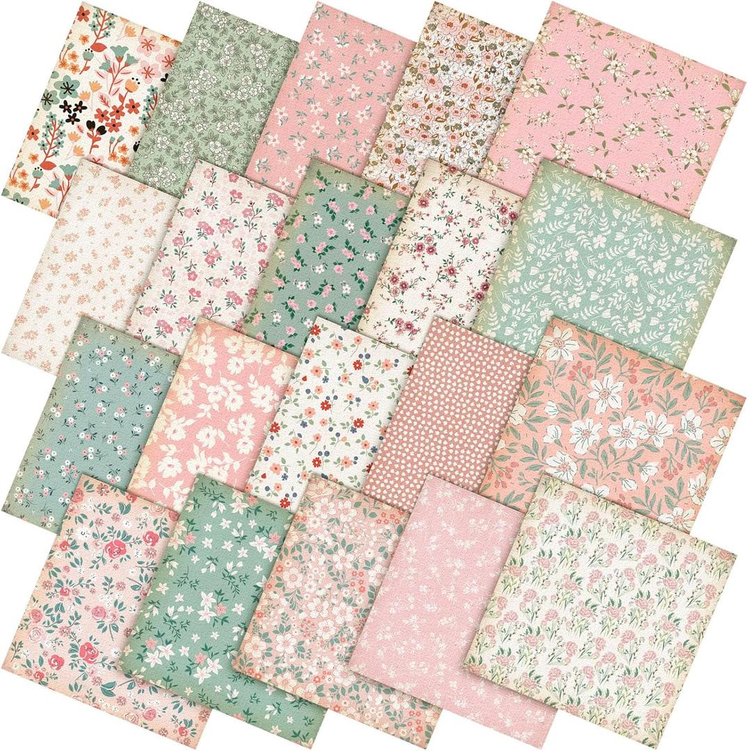 Chumia 80 Pcs 10 x 10 Inch Floral Fabric in 20 Styles Pink Green Flowers Quilting Fabric Square Vintage Summer Precut Cloth Retro Floral Quilting Strips for Holiday Patchwork Sewing DIY Craft Decor
