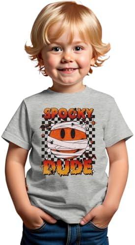 GLIGLITTR Toddler Halloween Shirts Baby boy Spooky Dude T-Shirt Funny Bandages Face Graphic Tee Bats Print Spooky Season Tops, 5-6 y