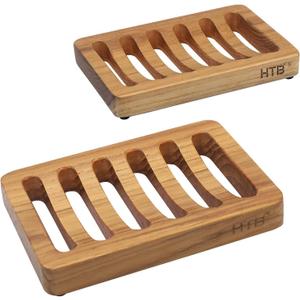 Slotted Soap Dish 2 Pack Teak Wood by HTB, Kitchen Wooden Sponge Holder, Self Draining Soap Dish for Shower, Sink, Bathroom, Bathtub, RV