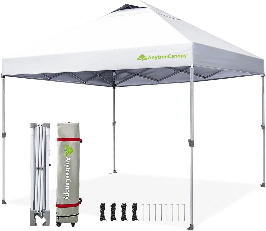 Anytee-10x10 Pop Up Canopy Tent, Easy Up Waterproof Outdoor Canopy with Wheeled Bag, Sun Shade for Patio, Backyard, Parties, Camping-White Ventilated
