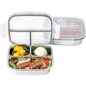 2 Pack Stainless Steel Snack Containers with Lids 3 Compartment Snackle Box Container Lunch Box for Adults Meal Prep Bento Box Containers Reusable Work (2, Gray, 600ml)