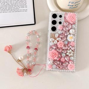 for Samsung Galaxy A15 5G Bling Glitter Diamond Case with Flower Lanyard Wrist Strap,Luxury Crystal Rhinestone Pearl Protective Cover Case for Women Girls Kids Teens,Pink