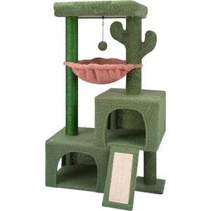 AIWIKIDE 37.4" Cactus Cat Tree Tower with Twin Cat Condos for Indoor Cats, All-in-One Activity Center with Cat Scratching Post Cozy Sleeping Perch Hammock and Toy Balls, Green