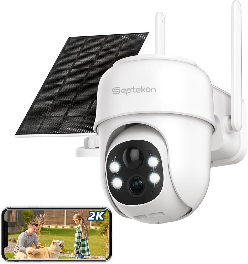 Septekon 360PTZ Security Cameras Wireless Outdoor, Solar Battery Powered Cameras for Home Surveillance, 2K 2.4G WiFi Camera with Spotlight, Motion Detection, Siren, Color Night Vision, IP66, White