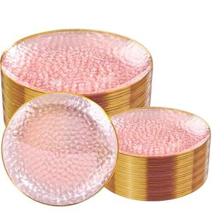 Rubtlamp 100Pcs Clear Pink Gold Plastic Plates, Pink Disposable Plates With Gold Rim, Hammered Plastic Plates Include 50 Clear Dessert Platos, 50 Dinner Platos for Party