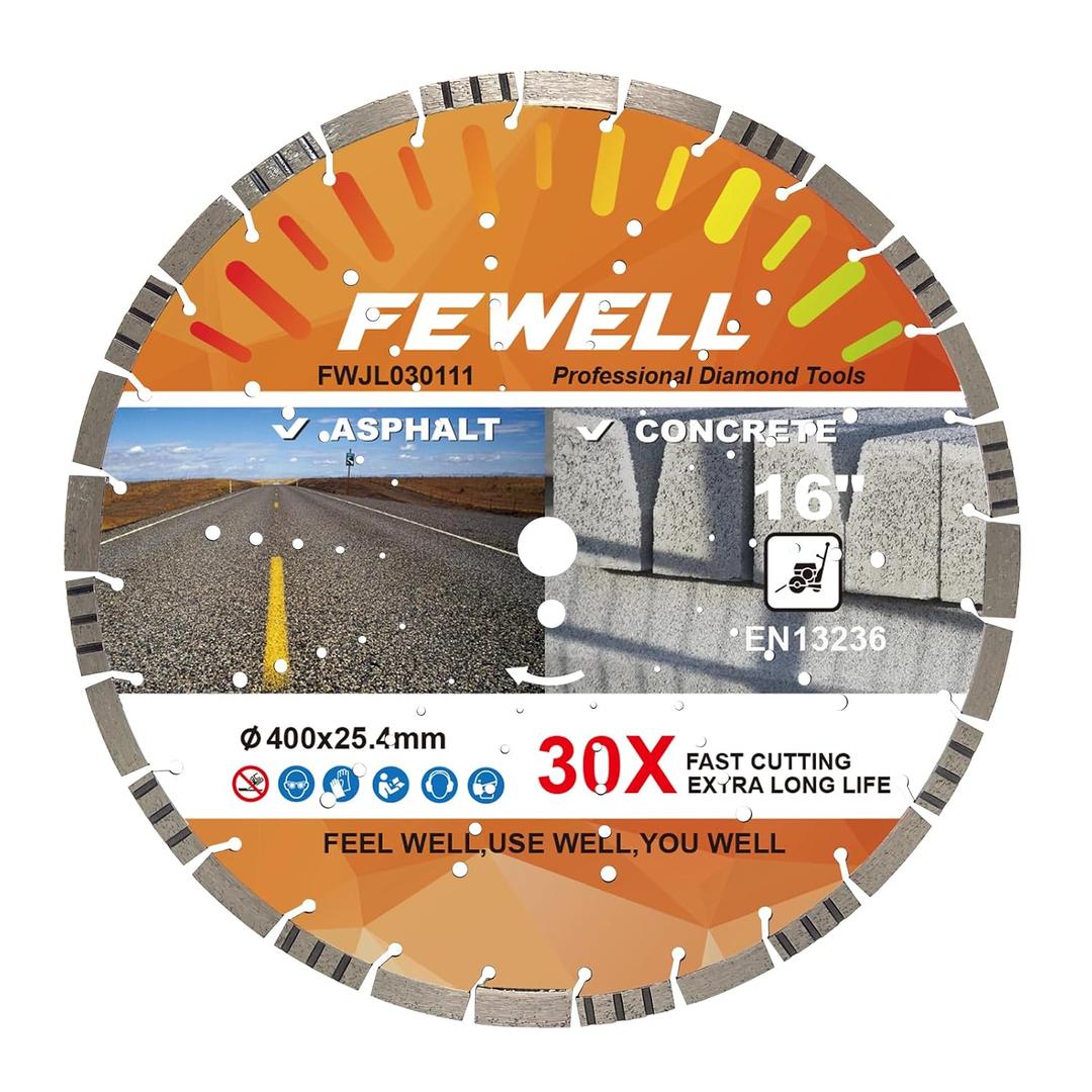 FEWELL 16" Premium Diamond Saw Blade, Multi-Purpose Diamond Blade, Cutting Hard Reinforced Concrete Asphalt Masonry Stone Terrazzo, Laser-Welded Segmented, 1"-20mm Arbor