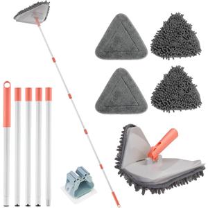Wall Cleaner Triangle Mop with 82'' Long Handle - Wall Scrubber, Cleaning Washer Tool with 4 Microfiber Chenille Duster Pads for Clean Walls, Ceiling, Windows, Baseboards, Floors (Gray)