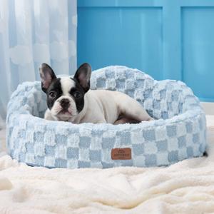 Joydeco Cloud Dog Bed for Small Dogs & Cats, Washable Pet Bed with Orthopedic Foam and Removable Checkered Plush Pad, Non-Slip Bottom for Indoor Puppies and Kittens, 27x24 Inch, Light Blue