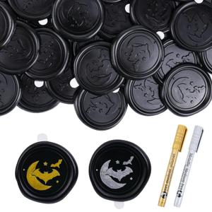 2 x Bat Wax Seal Sticker - 50 PCs Black Gothic Dark Wedding Invitation Wax Seals Stickers Moon Star Self Adhesive Handmade DIY Gold Silver Pen Envelopes Sealing Stamp Party Cards Gift Wrapping