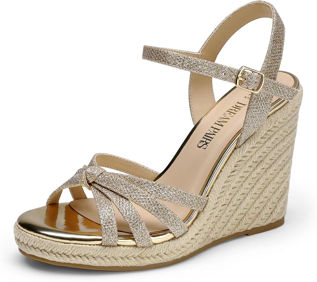 DREAM PAIRS Wedge Sandals for Women Dressy Summer, Platform Espadrille Strappy Casual Braided Heels Comfortable with Open Toe and Ankle Strap (10, Gold-glitter)