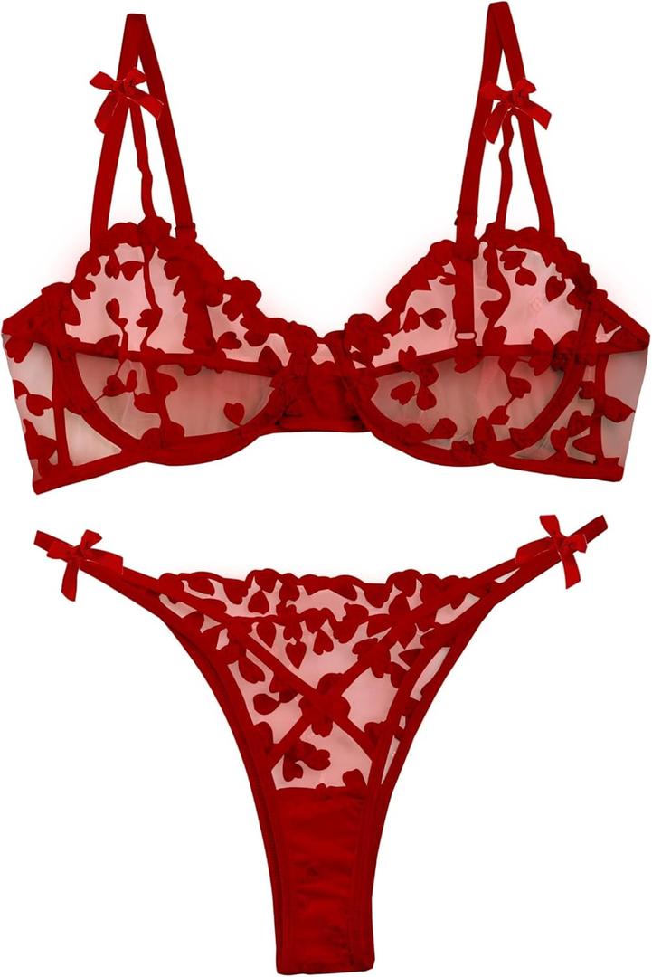 Lilosy Sexy Underwire Cute Push Up Strappy Embroidered Mesh Sheer Lingerie Set See Through Panty Bra (Medium)