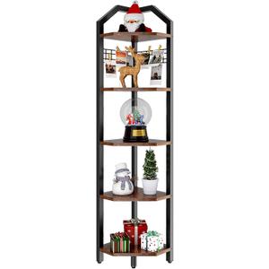 YMYNY 5-Tier Corner Shelf, Freestanding Corner Bookshelf, Plant Stand, Industrial Bookcase, Multi Storage Shelf Rack for Living Room, Bathroom, Bedroom, Small Space, Rustic Brown, 69" H, UHBR006H