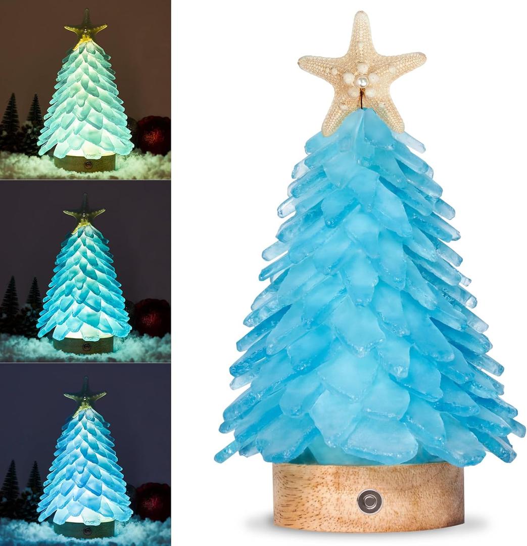Blue Sea Glass Christmas Tree - Handcrafted Mini Christmas Tree with LED Lights, Table Centerpiece - Ideal for Christmas, New Year, Home Decor, Coastal Holiday Decor and More
