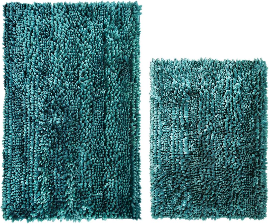 Bathroom Rug Bath Mat Dark Teal Set of 2 Piece Non Slip Super Absorbent Water Bath Rugs,Ultra Soft Super Cozy Velvet Chenille Bath Mats for Bathroom Floor,Tub,Shower,20x32+16x24 Inch (1'8" x 2'8" (Rectangular))