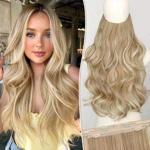 KooKaStyle Invisible Wire Hair Extensions Long Straight Layered Synthetic with Transparent Headband Adjustable Size 6 Secure Clips Hairpieces for Women(20 Inch, H1860A#Beige Blonde)