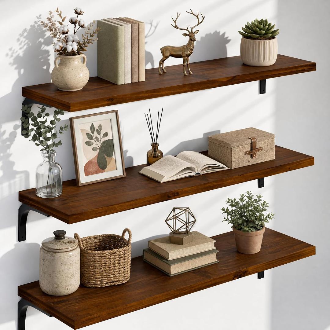 Deep Floating Shelves for Wall 48 Inch Pine Wood, Set of 3, Walnut, 3T48IN