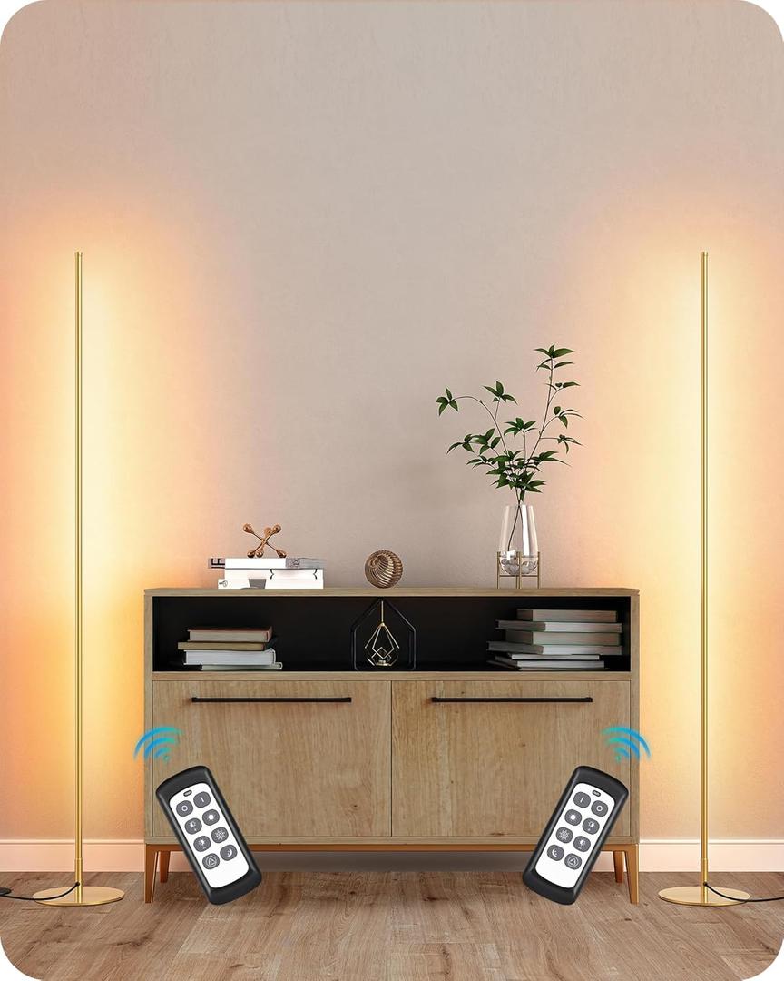 EDISHINE LED Corner Floor Lamp, Set of 2 Minimalist Dimmable Light with Remote, 57.5" Tall Standing Lamp for Living Room, Bedroom, Home Office, 7 Color Temperature 2700-6000K (Gold)