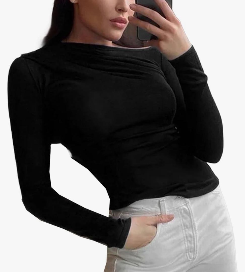 Long-Sleeved Tops White T-Shirts Basic Cropped Tops for Women Sweaters Solid Color Slant Collar T-Shirts M