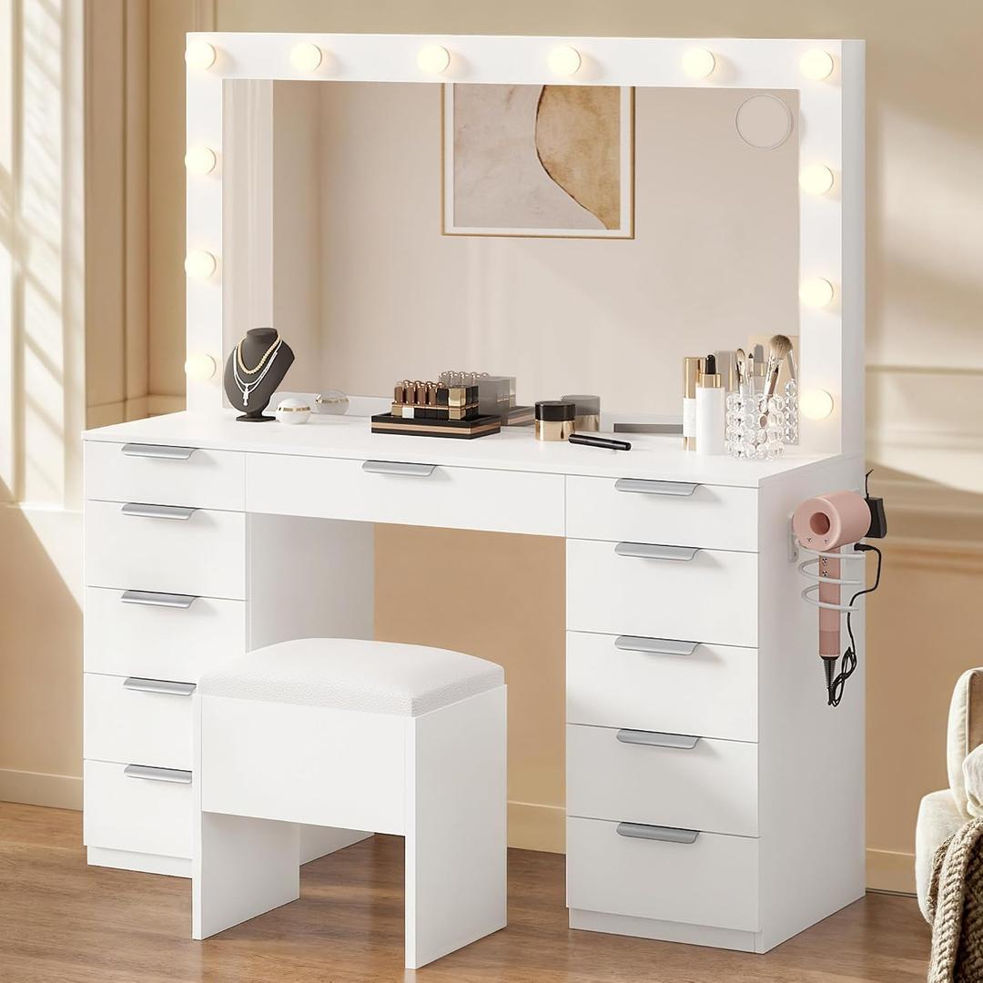 DWVO Vanity Desk Set with Mirror & Power Outlets, Vanity Table with Stool, 12 LED Bulbs, 3 Dimmable Light Colors, 11 Drawers, Hair Dryer Rack & Magnifying Mirror, Large