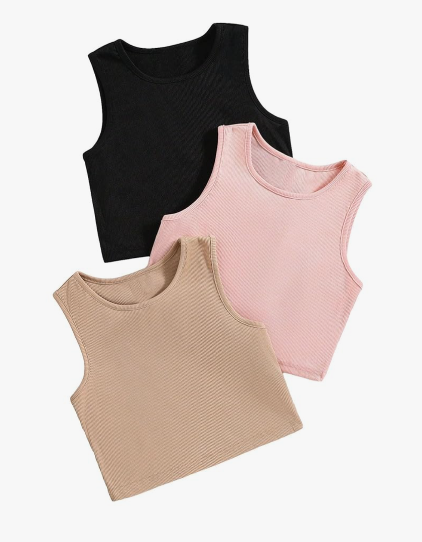 Milumia Girl's 3 Pack Ribbed Knit Cut Out Round Neck Sleeveless Cropped Tank Tops (Pink, Brown, White)
