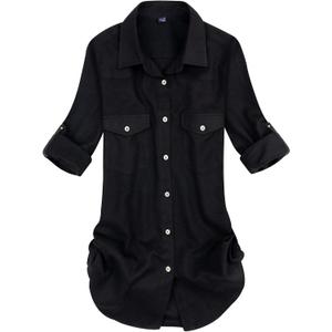 Alimens & Gentle Womens Plaid Flannel Shirts Long Sleeve Roll Up Casual Button Down Shirt (Large, Black)