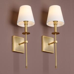 Yosoan Indoor Boho Retro Wall Sconce Set of 2, Vintage Industrial Brass Antique Hardwired Champagne Bronze Flared Fabric Shade for Bedroom Living Room Library Entry Hallway Light Decor(Antique) (2-Pack)
