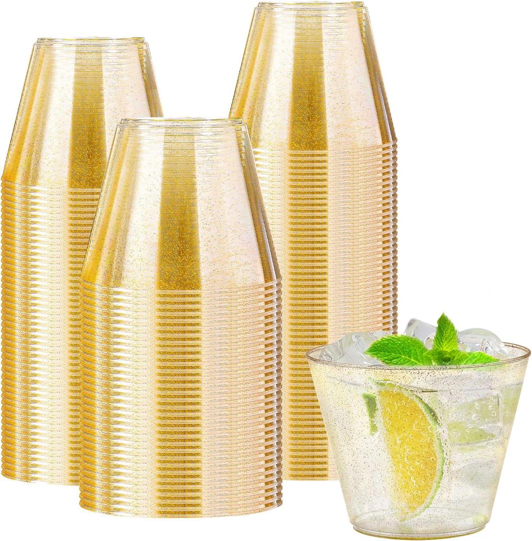 Lamosi 100 Pack 9 oz Gold Plastic Cups, Disposable Gold Glitter Plastic Cups, Fancy Clear Plastic Cocktail Cups for Wedding, Thanksgiving, Christmas, Parties