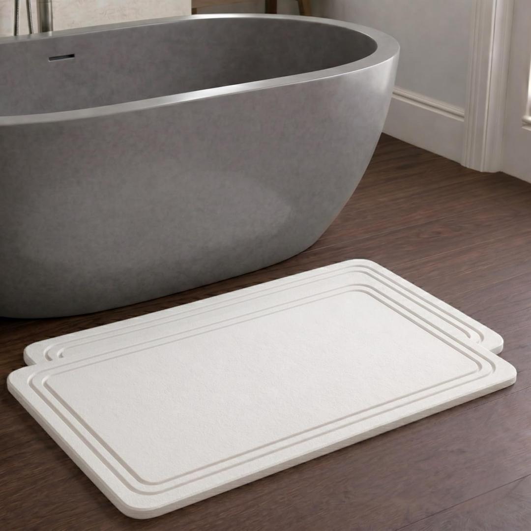 2 Pack Stone Bath Mat  Diatomaceous Earth Quick Drying Non-Slip Bathroom Mat  Super Absorbent Diatomite Shower Mat, Easy to Clean, Modern Bath Rug, 23.6" x 15.3" (2 Pack White - Linea)