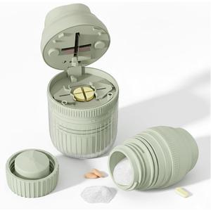3-in-1 Pill Crusher Fine Powder - 1/4 1/2 Pill Cutter Splitter for Small and Tiny, Grinder for Elderly with Storage and Measuring Cup (Light Green)