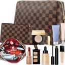 Makeup Bag, 2 Pcs Portable Leather Checkered Cosmetic Bag, Waterproof Travel Toiletry Bag for Women Gift