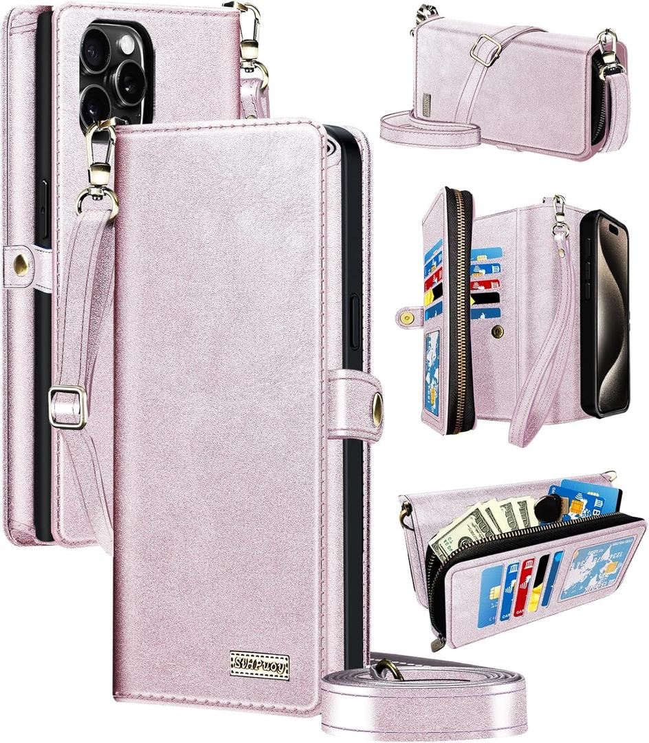 SiHPuoy Leather for Apple iPhone 15 Pro Wallet Case with Card Holder Kickstand, Phone Accessories for Woman Men Women, 2 Pack Screen Protector 2 Pack Camera Lens Cover, Rose Gold