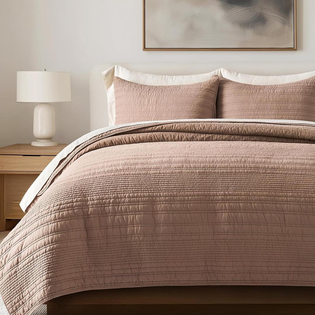 EVERGRACEHOME 100% Cotton Modern Lines Quilt Set Queen Size, Pre-Washed Soft Striped Coverlet Bedspread, 3 Piece Lightweight Bedding Set for All Season, with 2 Pillow Shams, Rose Dust