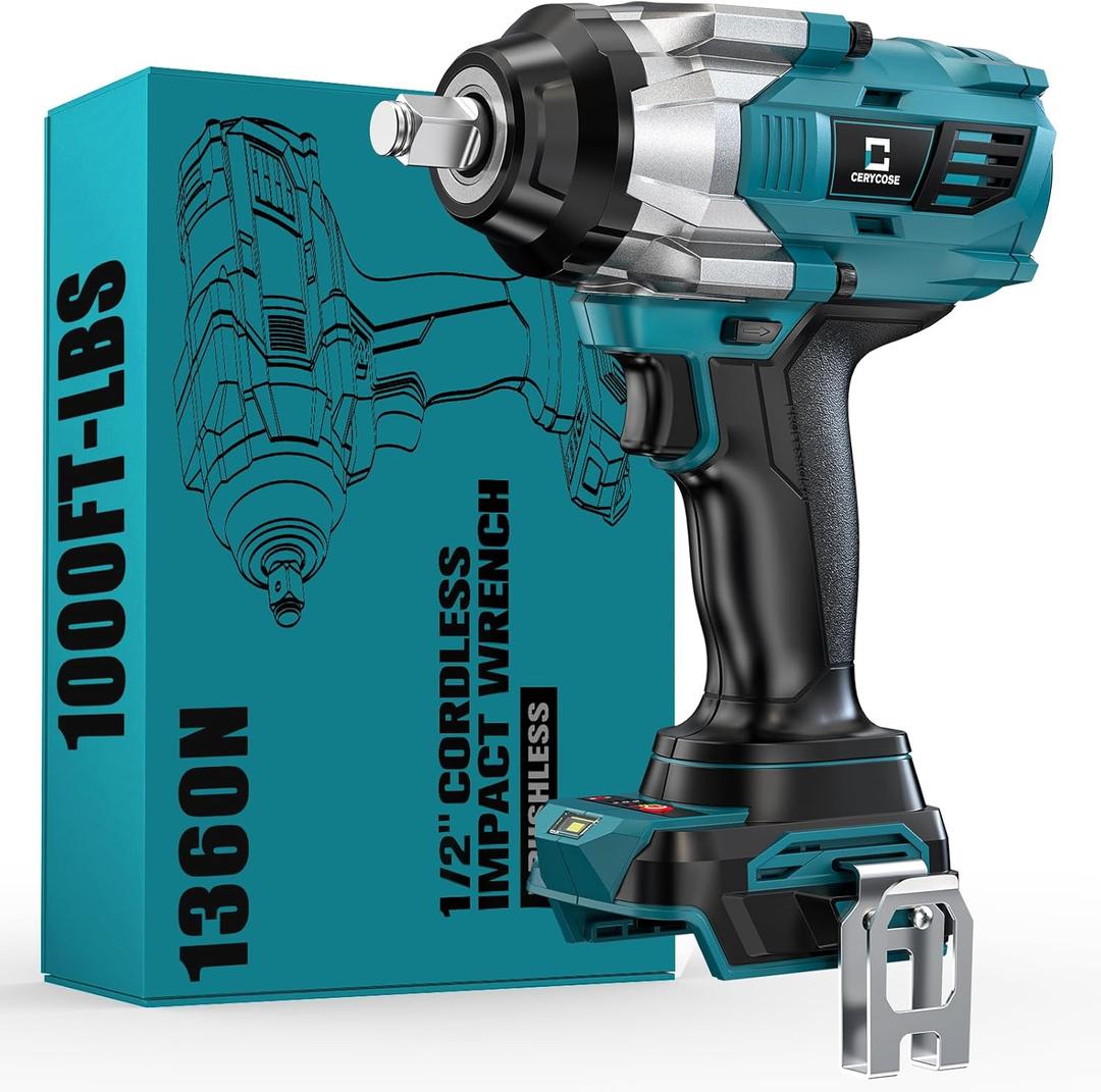 Cerycose Cordless Impact Wrench 1/2 inch Compatible with Makita 18V Battery Brushless High Torque Impact Driver Gun with 1000 Ft-lbs Torque, LED Work Light, Ergonomic Design for Heavy-Duty