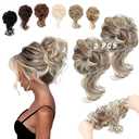 2PCS Messy Bun Hair Piece Tousled Updo with Tendrils Wavy Curly Hair Bun Scrunchies Ponytail Extension Elastic Band Hairpieces For Women (Light Brown mix Bleach Blonde)