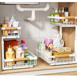 PXRACK Under Sink Organizer, Adjustable Height, 2 Tier Pull Out Under Cabinet Organizer, Slide Out Thickened Metal Under Sink Storage for Kitchen Bathroom Laundry Pantry Cabinet, White, Large1Pack