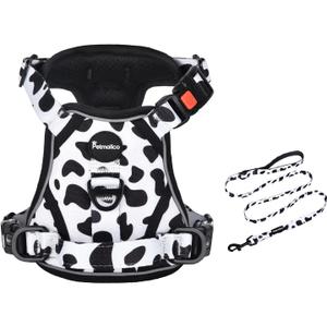 Petmolico No Pull Dog Harness and Leash Set, No Choke 4 Leash Attchments Easy Control Handle Soft Padded Reflective Vest Dog Harness for Medium Dog Breed, Cow Pattern Medium
