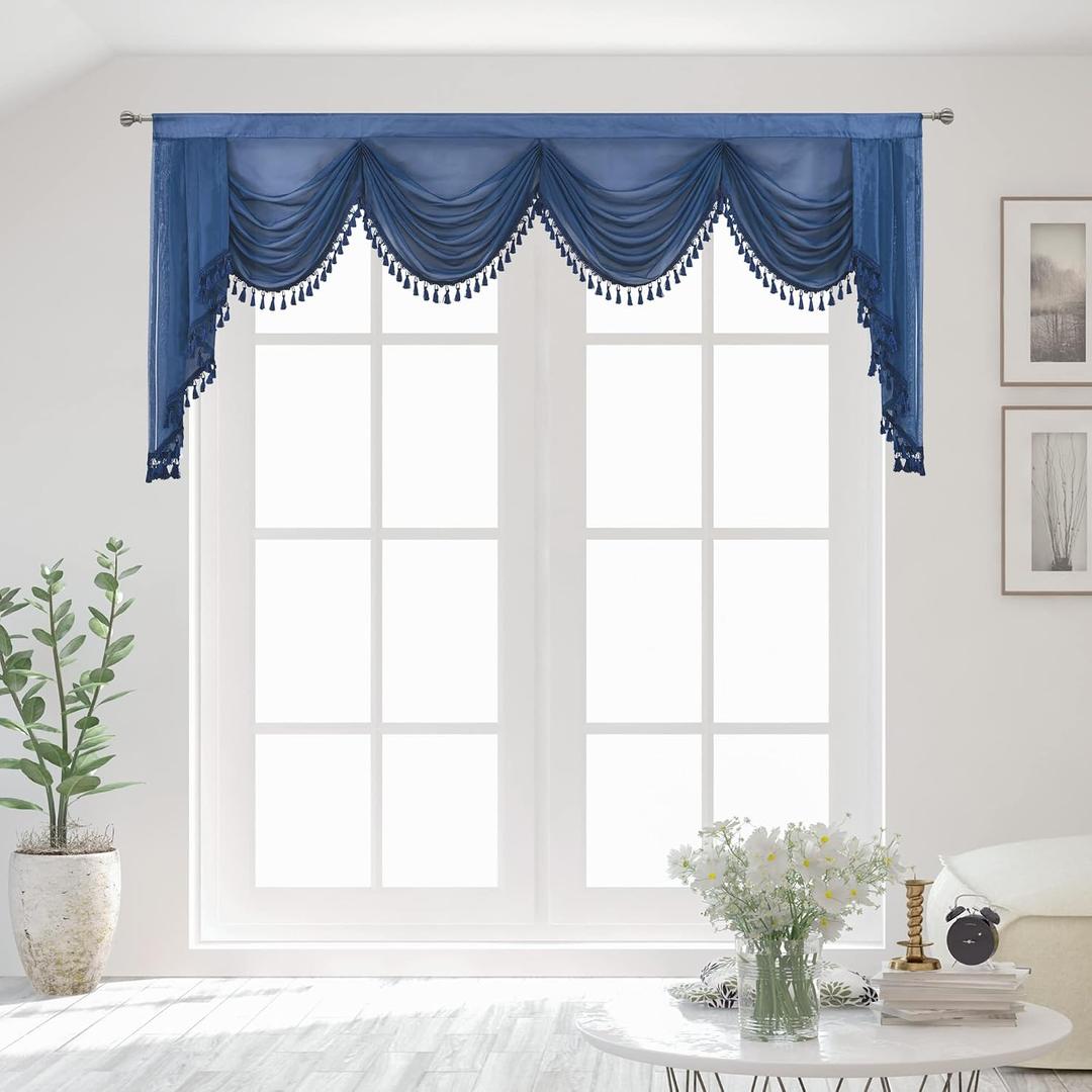 Navy Blue Sheer Window Curtains Valance for Living Room Waterfall Swag Valance Topper Curtains for Bedroom Rod Pocket Valance Curtains (1 Panel, W110 Inch)