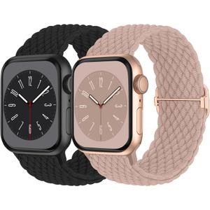 Braided Solo Loop Compatible with Apple Watch Band 38mm 40mm 41mm 42mm 44mm 45mm 46mm 49mm Women Men, Adjustable Stretchy Bands Elastic Sport Strap for iWatch Series 11 10 9 8 7 6 5 4 3 2 SE Ultra 3 2 (Black/Pink)